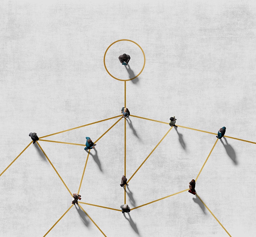 Gold Multi-Line Chart on the ground with 3D humans standing at every point