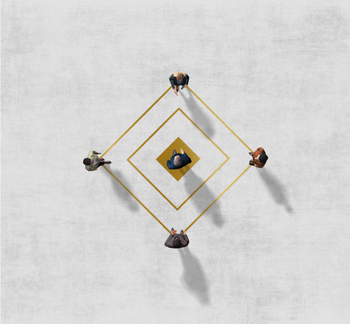 Gold diamond shape on ground with 3D people standing at each point and the center of the shape
