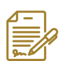 Gold line icon of paper with signature at bottom and pen