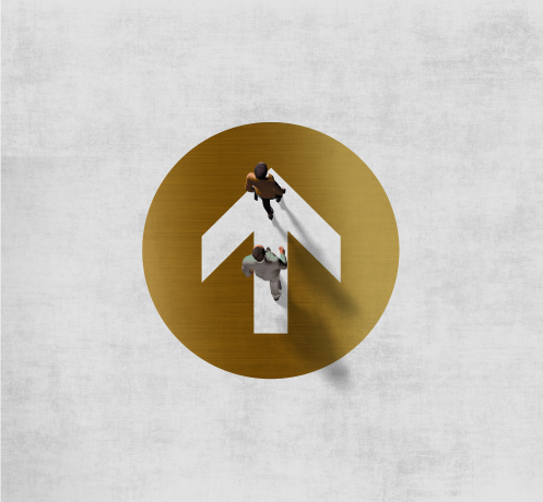 gold circle with an arrow pointing up with two 3D humans within it