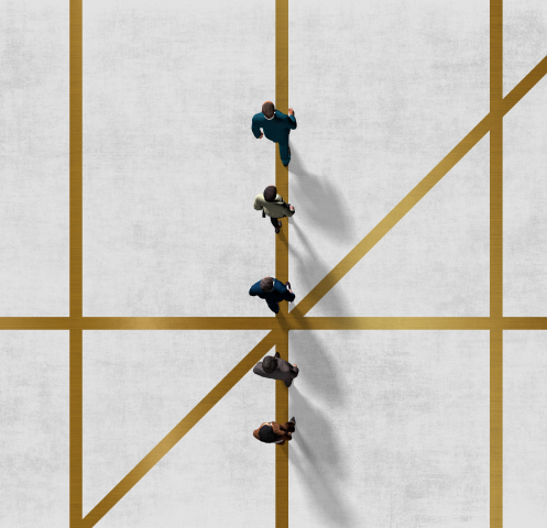 gold lines with 3D people walking on them in a straight line