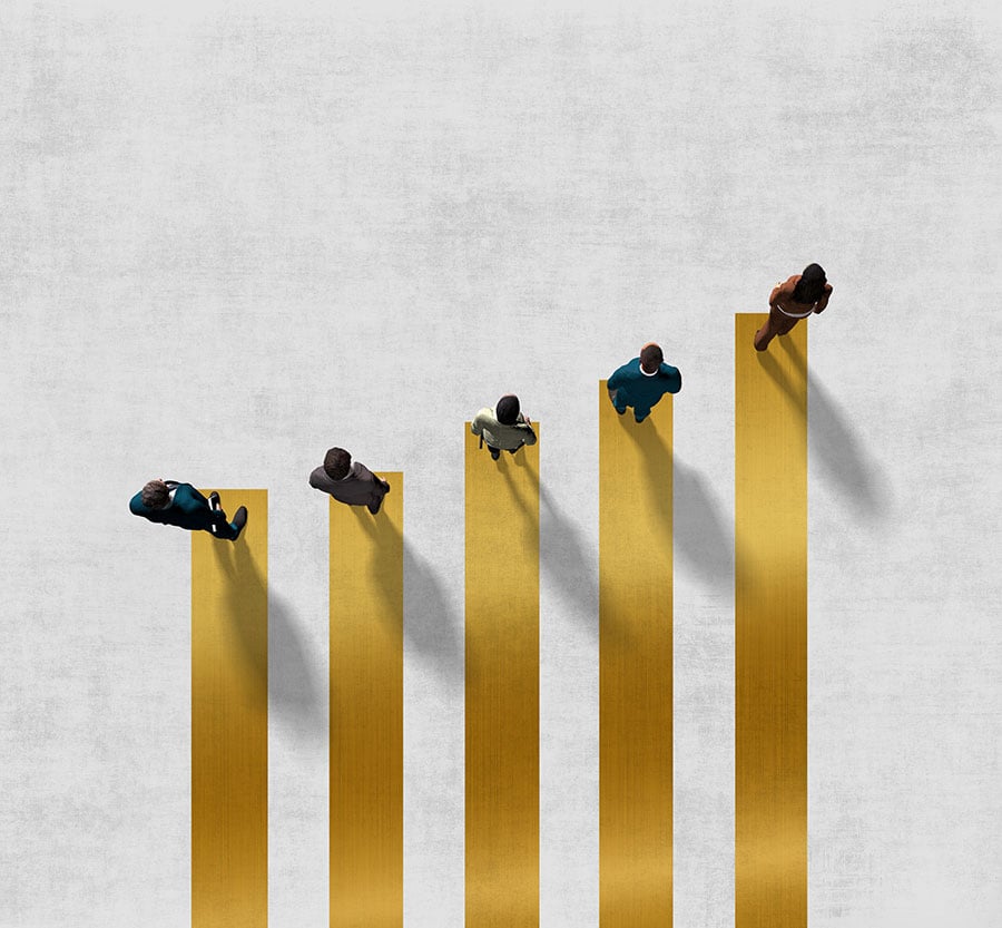 Gold Bar Chart going upwards with 3D human at the end of each
