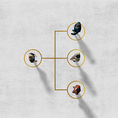 gold process chart lines with 3D people standing a the start and end of each