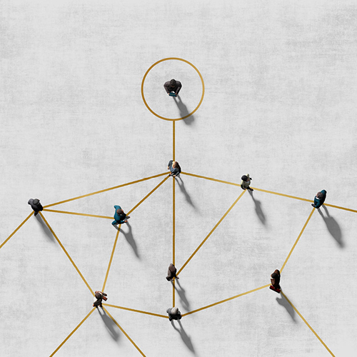 gold line diagram with 3D people standing at each point