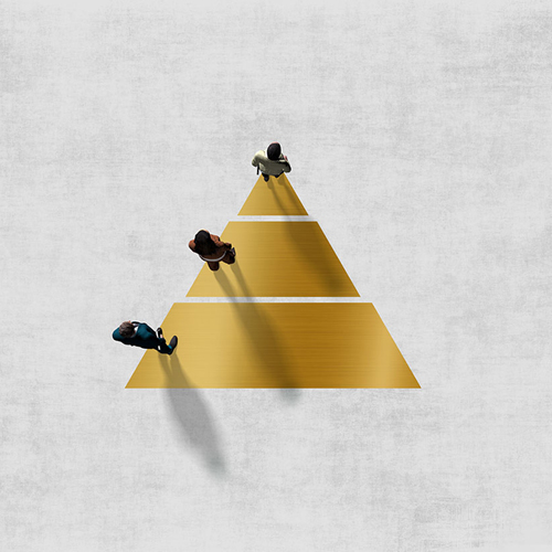 gold pyramid with 3 levels and a 3D human standing at each level
