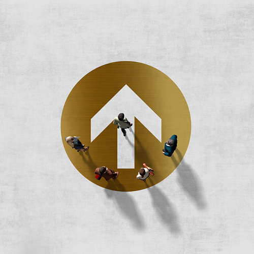 gold arrow pointing up with 3D people standing within it