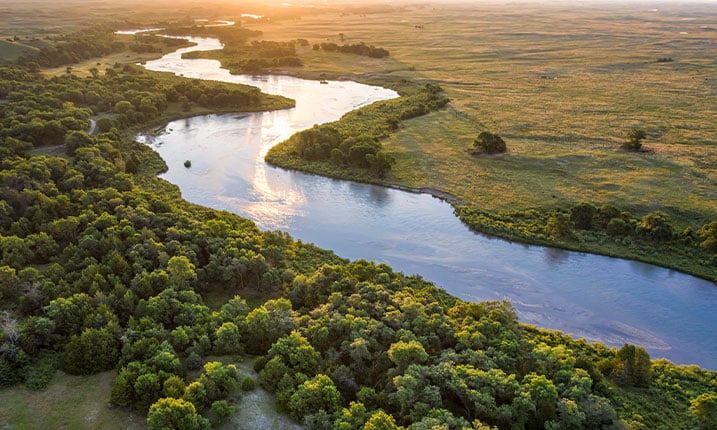 Sunset river with trees aerial view