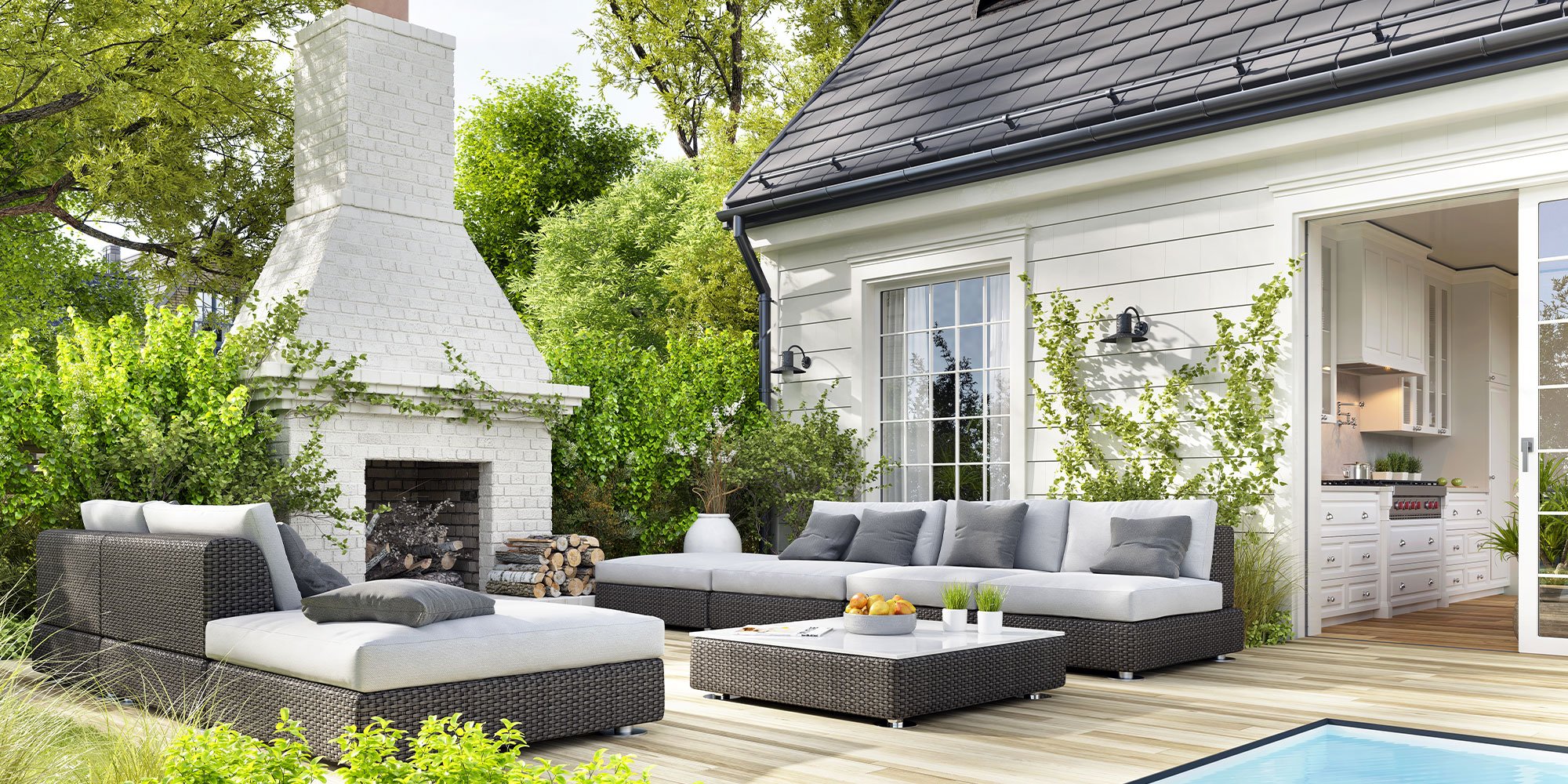 Outdoor patio area with garden furniture, swimming pool and outdoor fireplace