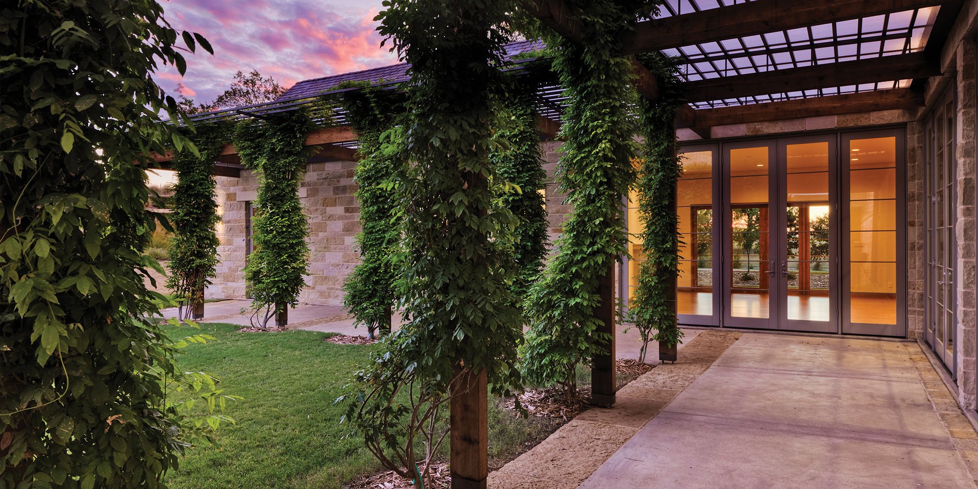 Eco-style in the modern courtyard with beautiful views at sunset