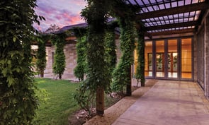 Image of outdoor pathway surrounding large house with green vines and purple sunset.