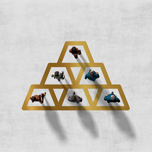 gold bars stacked in a pyramid with 3D people in each of the 5 bars