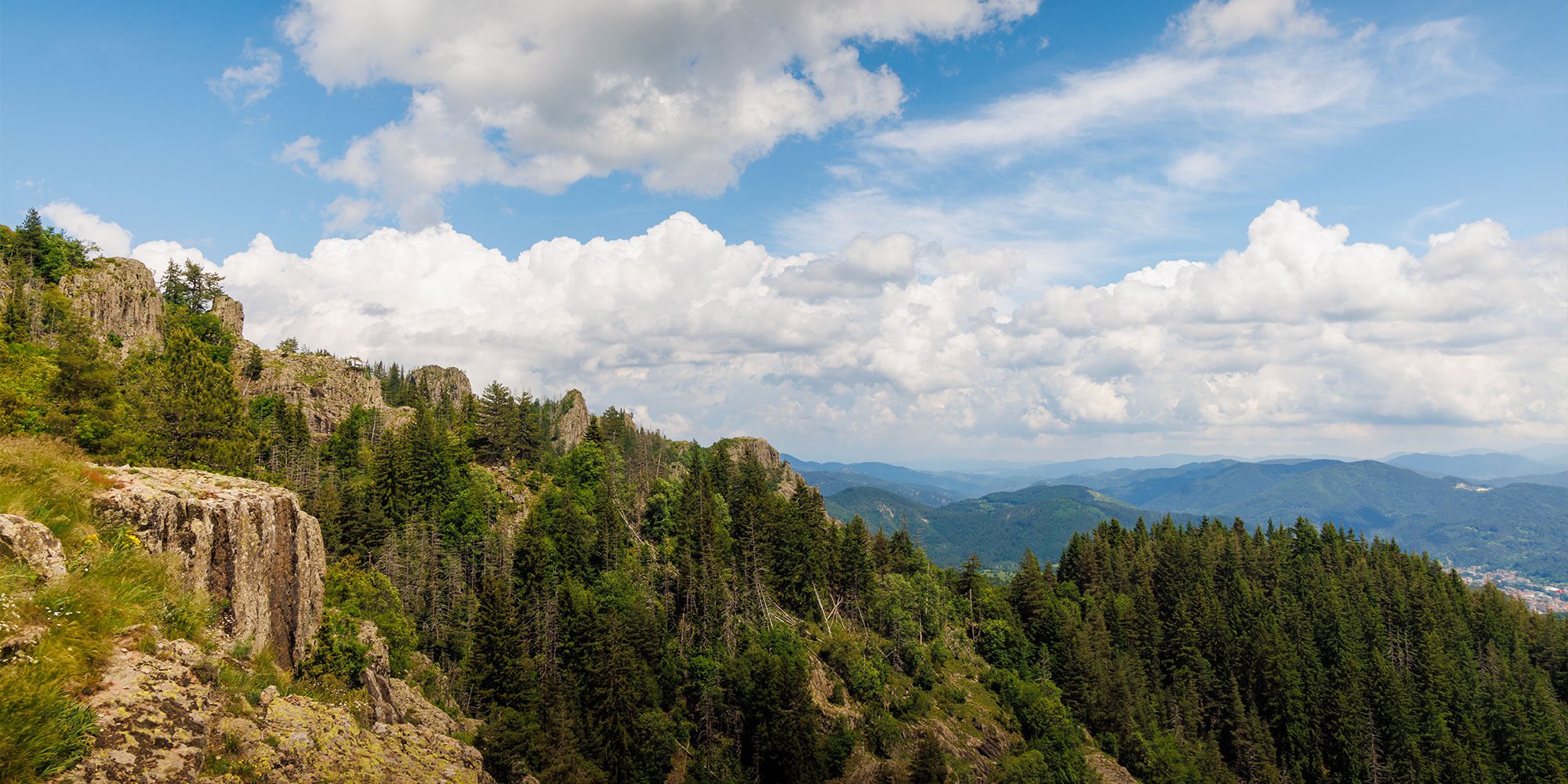 Mountain landscape with trees and cloudy blue sky