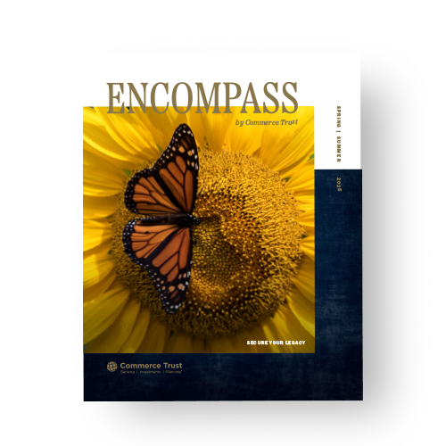 ENCOMPASS by Commerce Trust magazine cover image with yellow gold flower and orange monarch butterfly