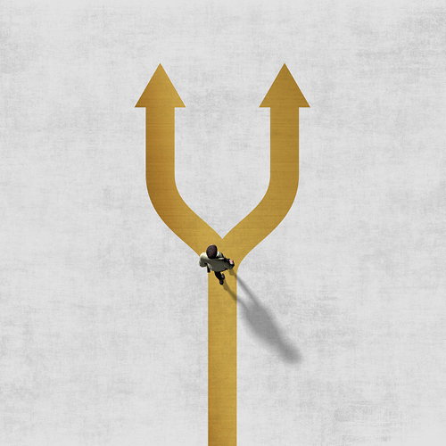Gold line that turns into two arrows with person walking