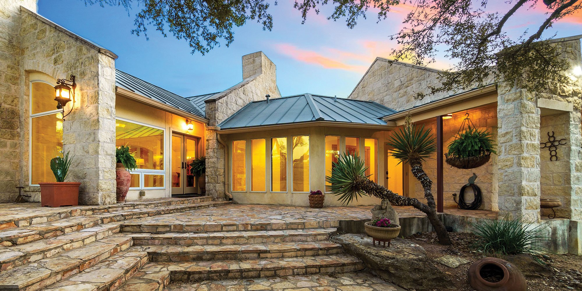 Stone mansion sunset in tropical climate