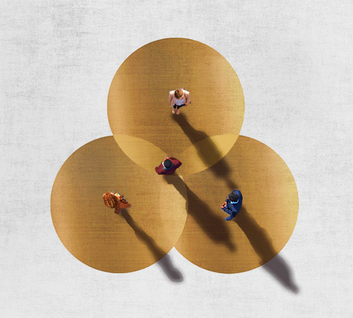 three gold circles overlapping eachother in the center with four 3D people standing in the center of each circle