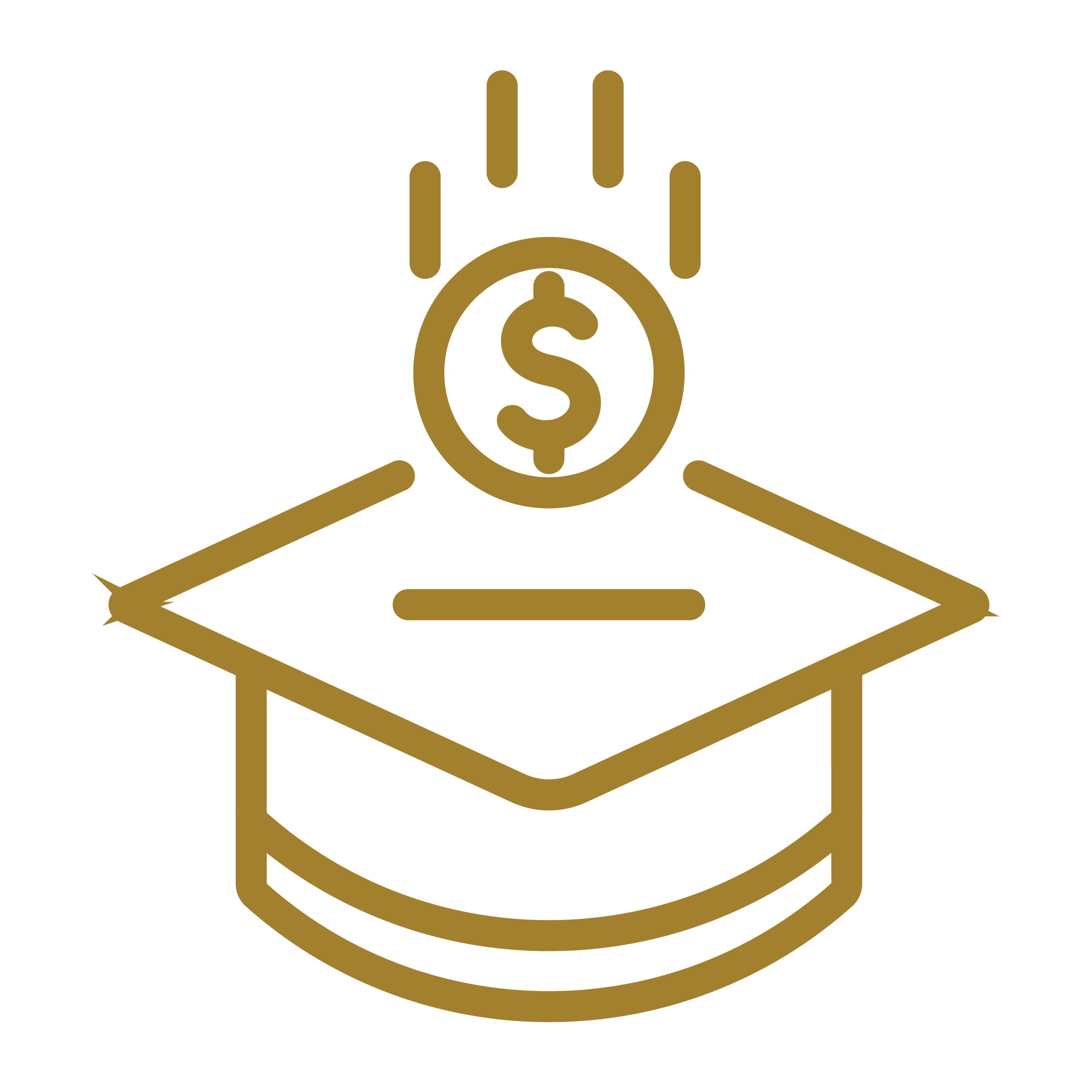 gold icon of a graduation cap with a money sign